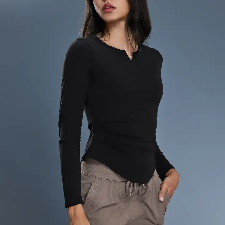 Autumn Sports Top Women V neck Elastic Slim Fit Slimming Yoga Clothes with Chest Pad Workout Long Sleeve T shirt by Wanita Store