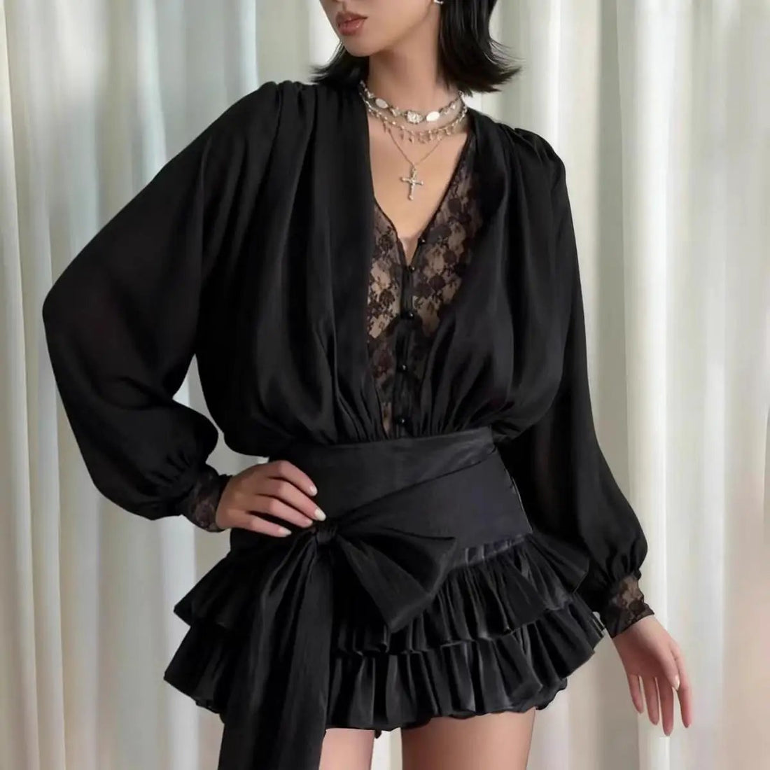 Autumn French Pure Lace Splicing Sexy V neck Long Sleeve Dress by Wanita Store