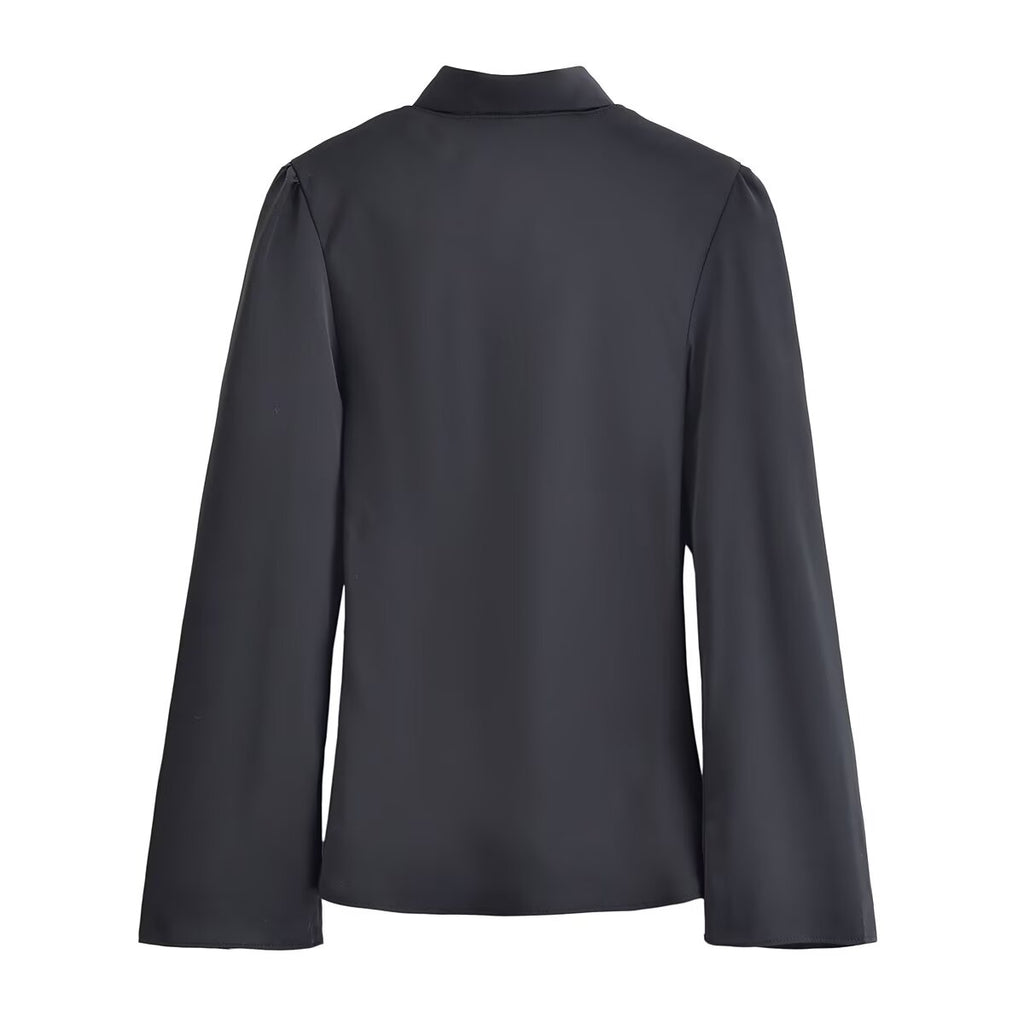 Women Clothing Winter Elegant Silk Satin Texture V neck Scarf Shirt