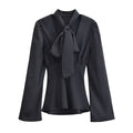 Women Clothing Winter Elegant Silk Satin Texture V neck Scarf Shirt