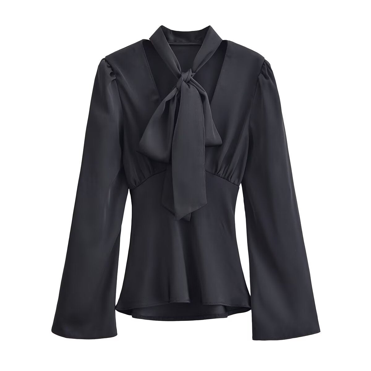 Women Clothing Winter Elegant Silk Satin Texture V neck Scarf Shirt