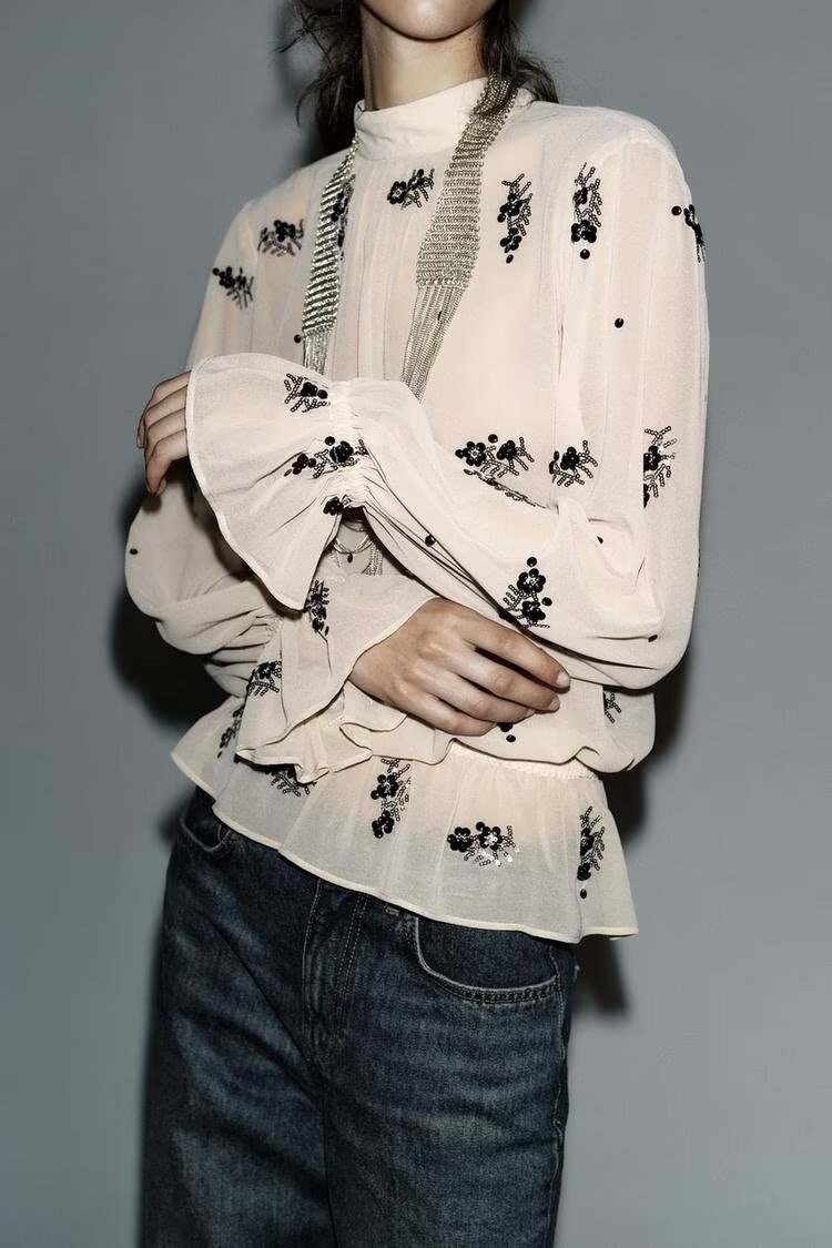 Winter Fashionable Temperamental All Match Sequin Translucent Shirt