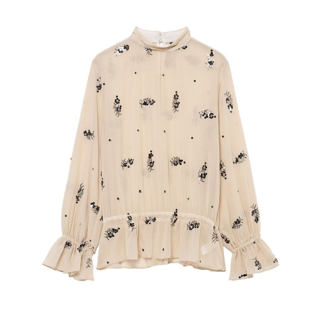 Winter Fashionable Temperamental All Match Sequin Translucent Shirt