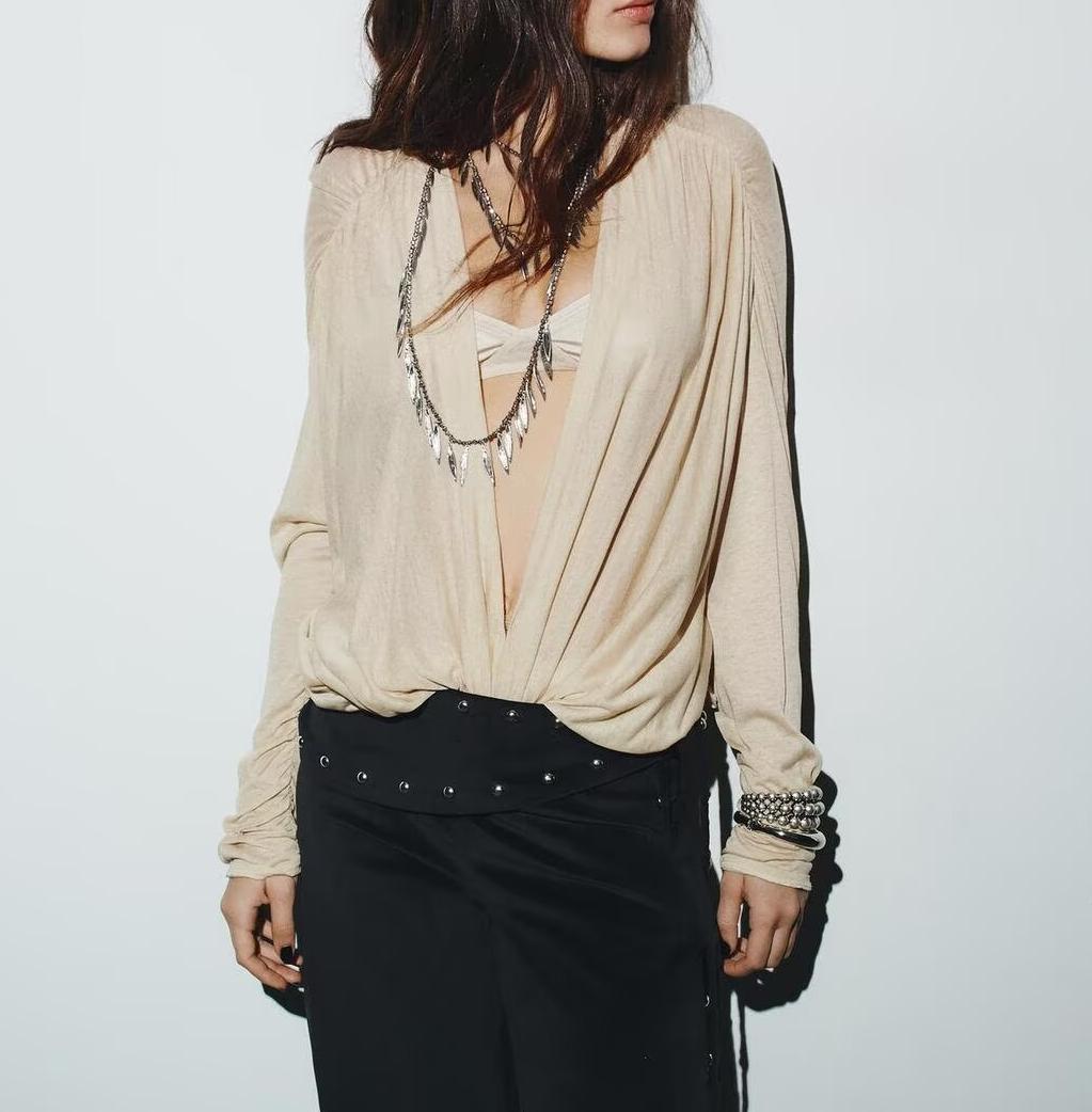 Women Clothing Winter Deep V Plunge neck Slimming Pleated Long Sleeved T shirt Top