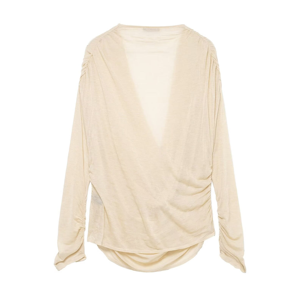 Women Clothing Winter Deep V Plunge neck Slimming Pleated Long Sleeved T shirt Top