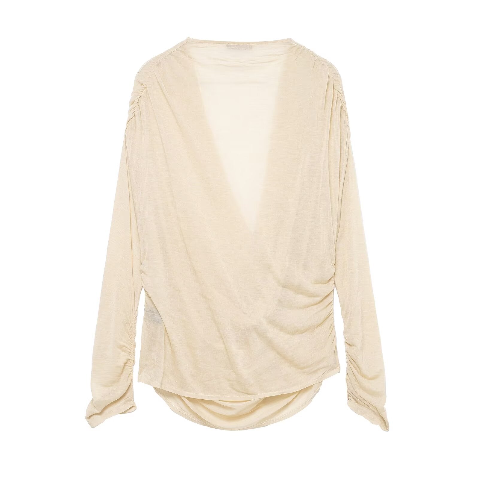 Women Clothing Winter Deep V Plunge neck Slimming Pleated Long Sleeved T shirt Top