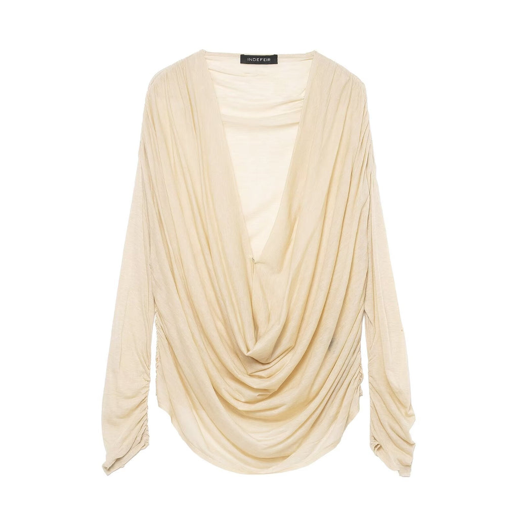 Women Clothing Winter Deep V Plunge neck Slimming Pleated Long Sleeved T shirt Top