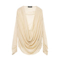 Women Clothing Winter Deep V Plunge neck Slimming Pleated Long Sleeved T shirt Top