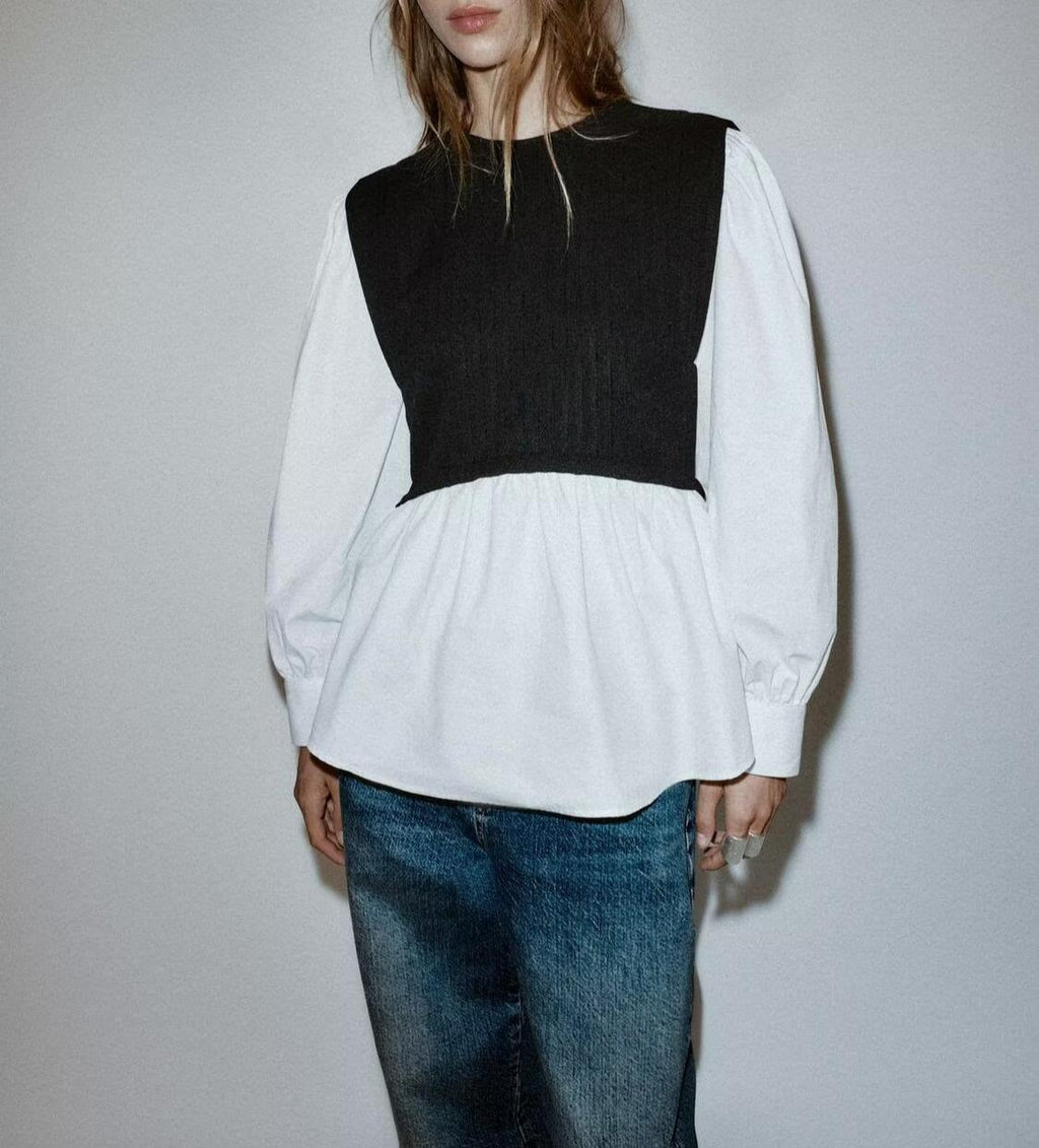 Women Clothing Winter Korean Simple Graceful Color Contrast Patchwork Faux Two Piece Top