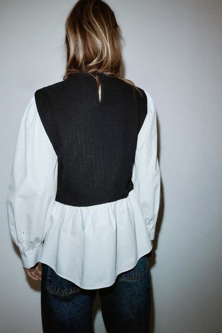 Women Clothing Winter Korean Simple Graceful Color Contrast Patchwork Faux Two Piece Top