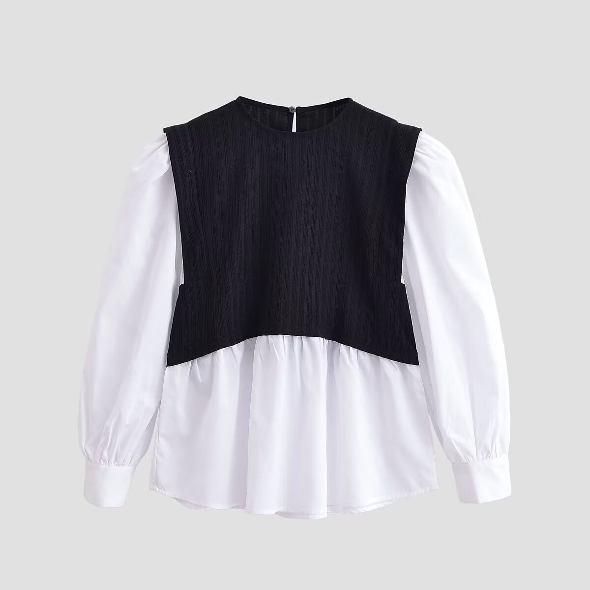Women Clothing Winter Korean Simple Graceful Color Contrast Patchwork Faux Two Piece Top