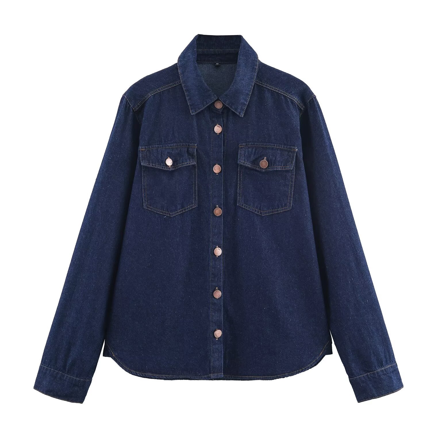 Sexy Antique Dark Blue Denim Shirt Women Autumn Polo Collar Loose Single Breasted Long Sleeve Top