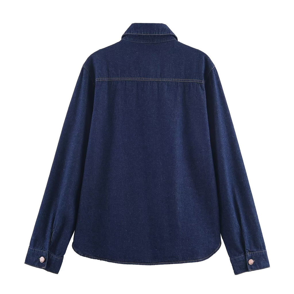 Sexy Antique Dark Blue Denim Shirt Women Autumn Polo Collar Loose Single Breasted Long Sleeve Top