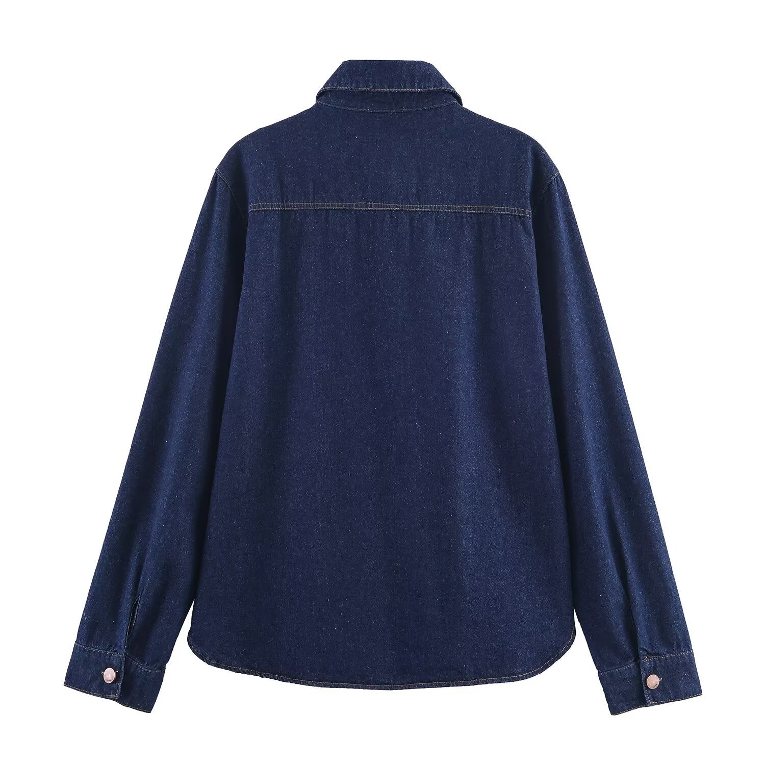 Sexy Antique Dark Blue Denim Shirt Women Autumn Polo Collar Loose Single Breasted Long Sleeve Top