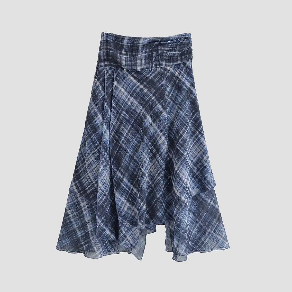 Women Clothing Autumn Beautiful Mid Waist Asymmetric Plaid Irregular Asymmetric Skirt Women