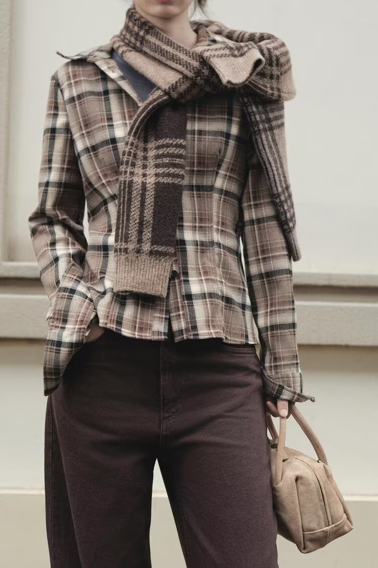 Women Clothing Top Product Slim Fit Plaid Shirt