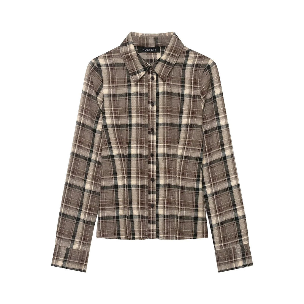 Women Clothing Top Product Slim Fit Plaid Shirt