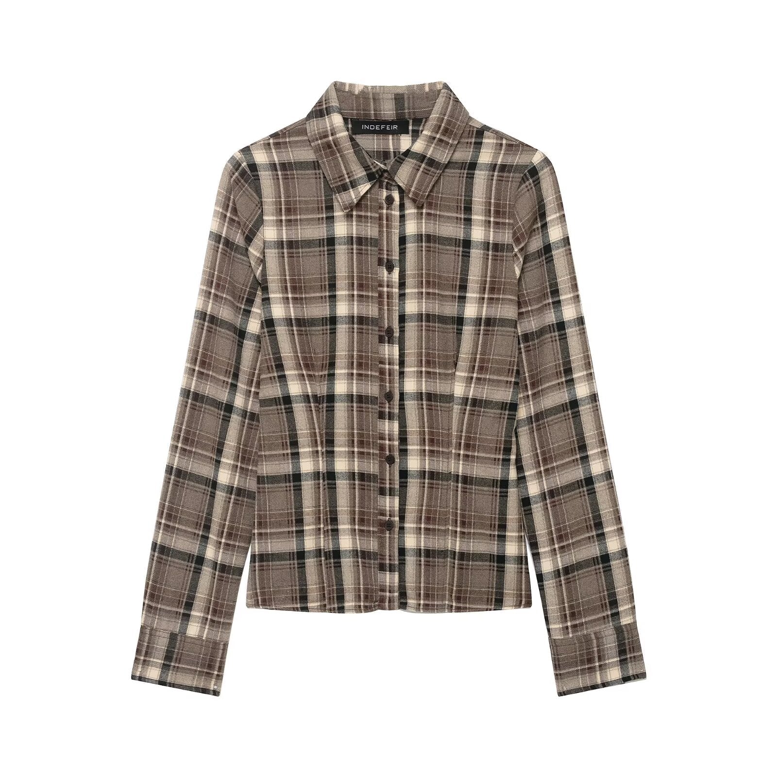 Women Clothing Top Product Slim Fit Plaid Shirt