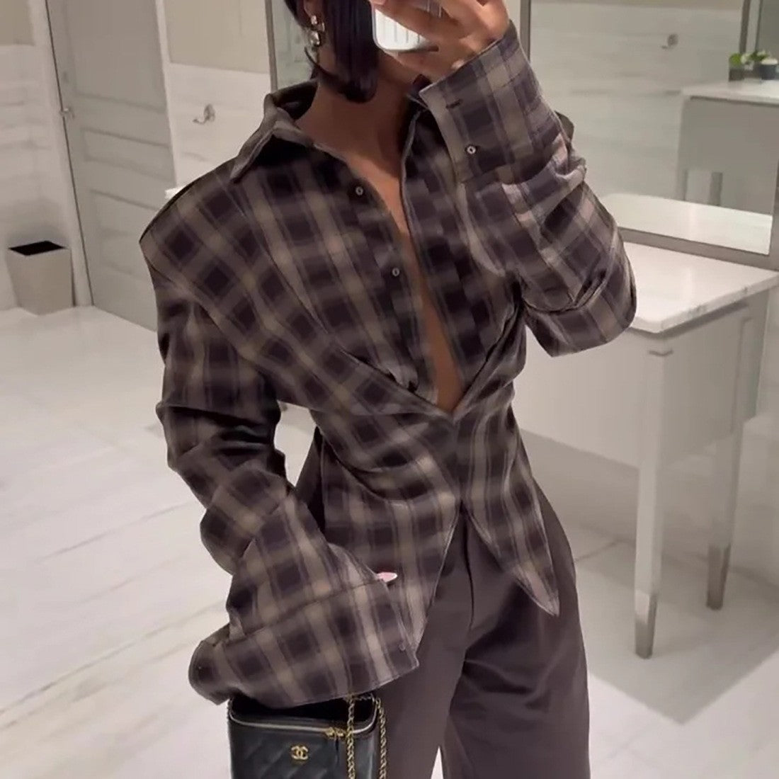 Winter Women Clothing Personalized Waist Design Retro Plaid Shirt