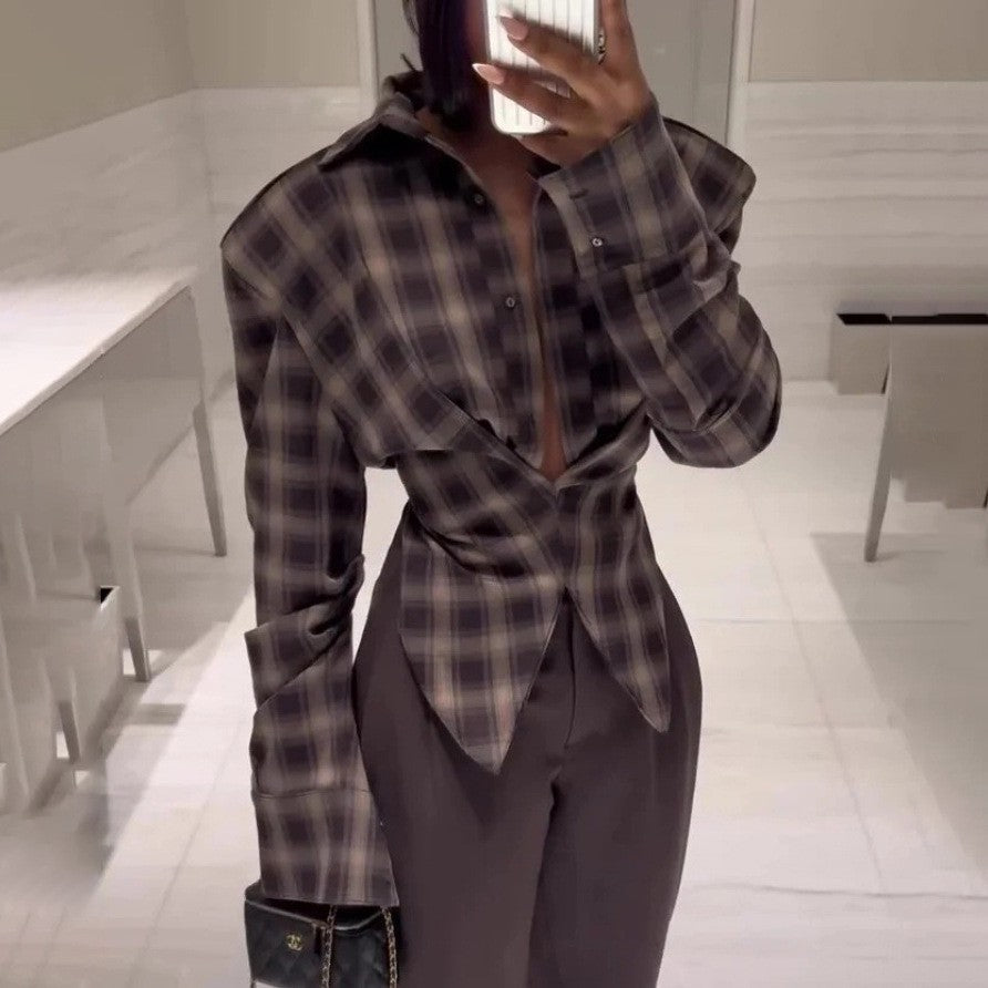 Winter Women Clothing Personalized Waist Design Retro Plaid Shirt