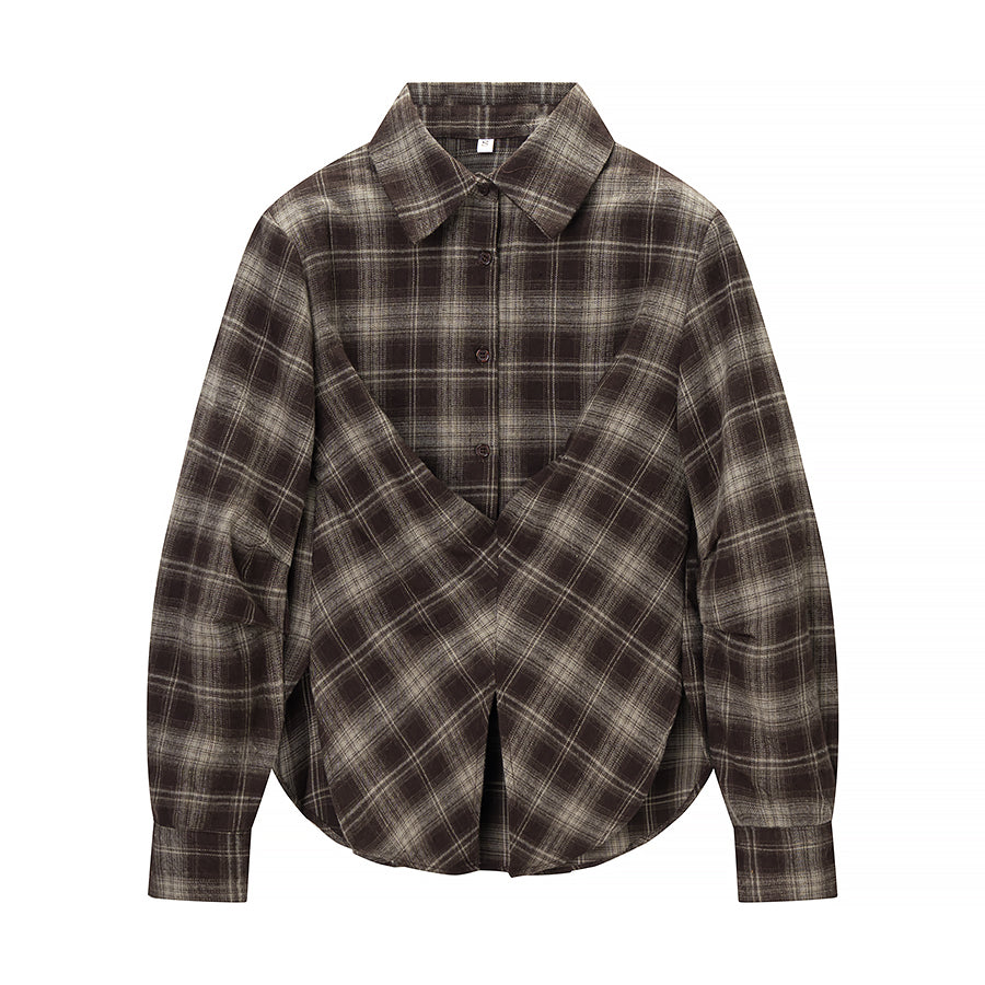 Winter Women Clothing Personalized Waist Design Retro Plaid Shirt