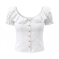 Lace Collar Niche Bubble Sleeve White Shirt Women Elegance Retro Single Breasted Hollow Out Cutout Embroidered Waist Tight Sexy Small Top