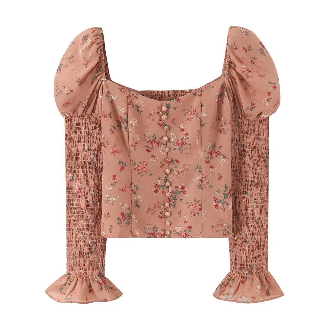 Women Early Spring Floral Printed Sexy Square Collar Slimming Elastic Puff Sleeve Shirt by Wanita Store