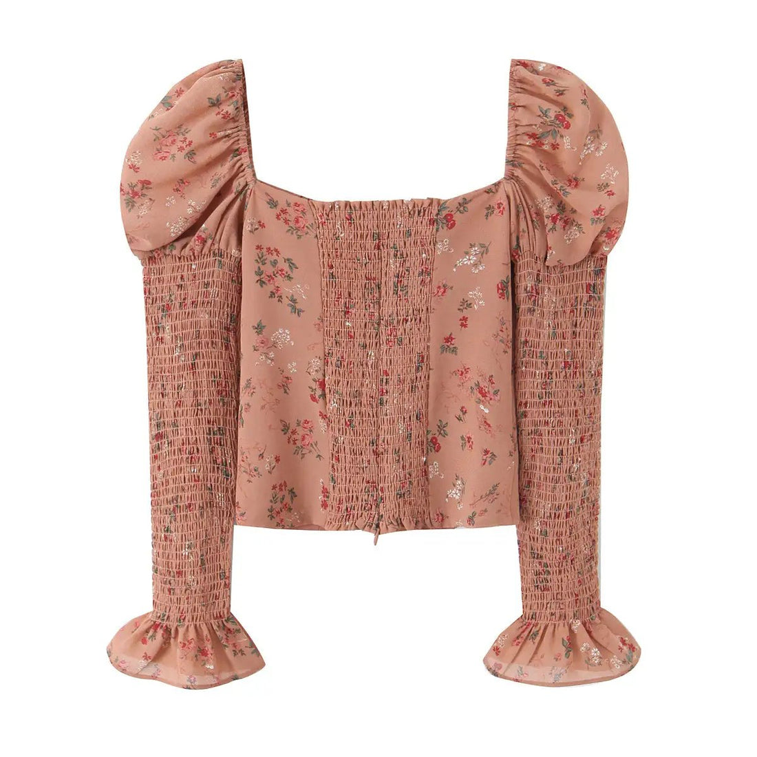 Women Early Spring Floral Printed Sexy Square Collar Slimming Elastic Puff Sleeve Shirt by Wanita Store