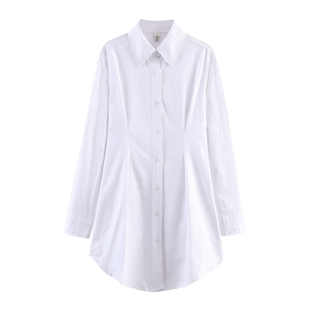Women Clothing Fall Winter Polo Collar Solid Color Waist Controlled Long Sleeves Single Breasted Shirt Women
