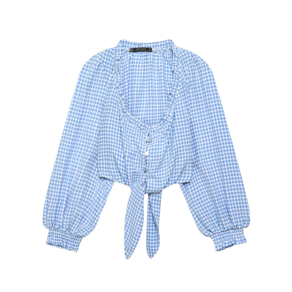Women Clothing Spring Sexy Square Collar Blue Plaid Short Long Sleeve Top