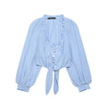 Women Clothing Spring Sexy Square Collar Blue Plaid Short Long Sleeve Top