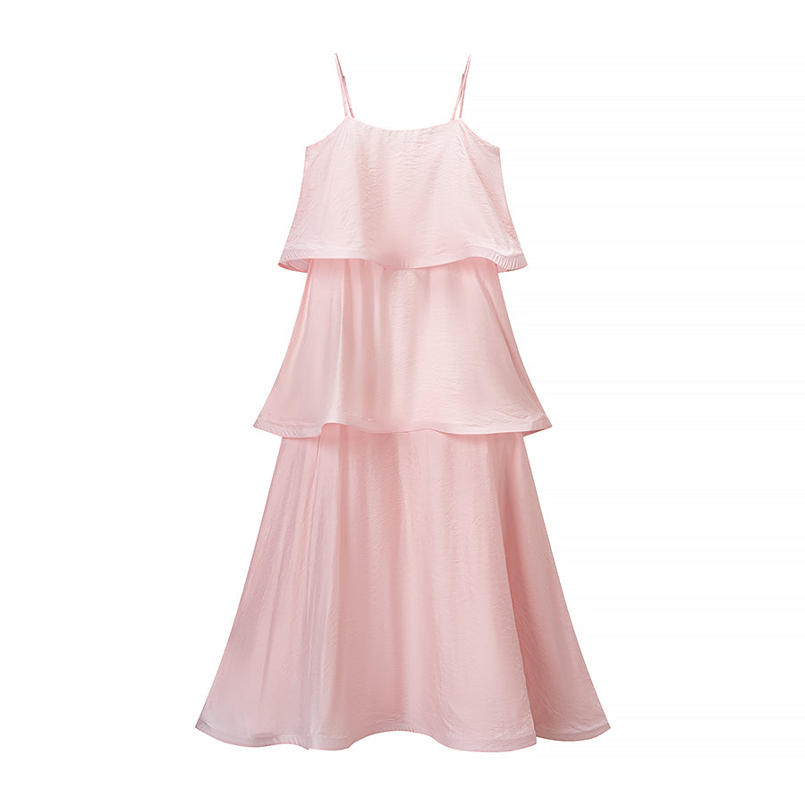 Fashionable Elegant Pink Multi Layer Wave Ruffled Spaghetti Straps Dress