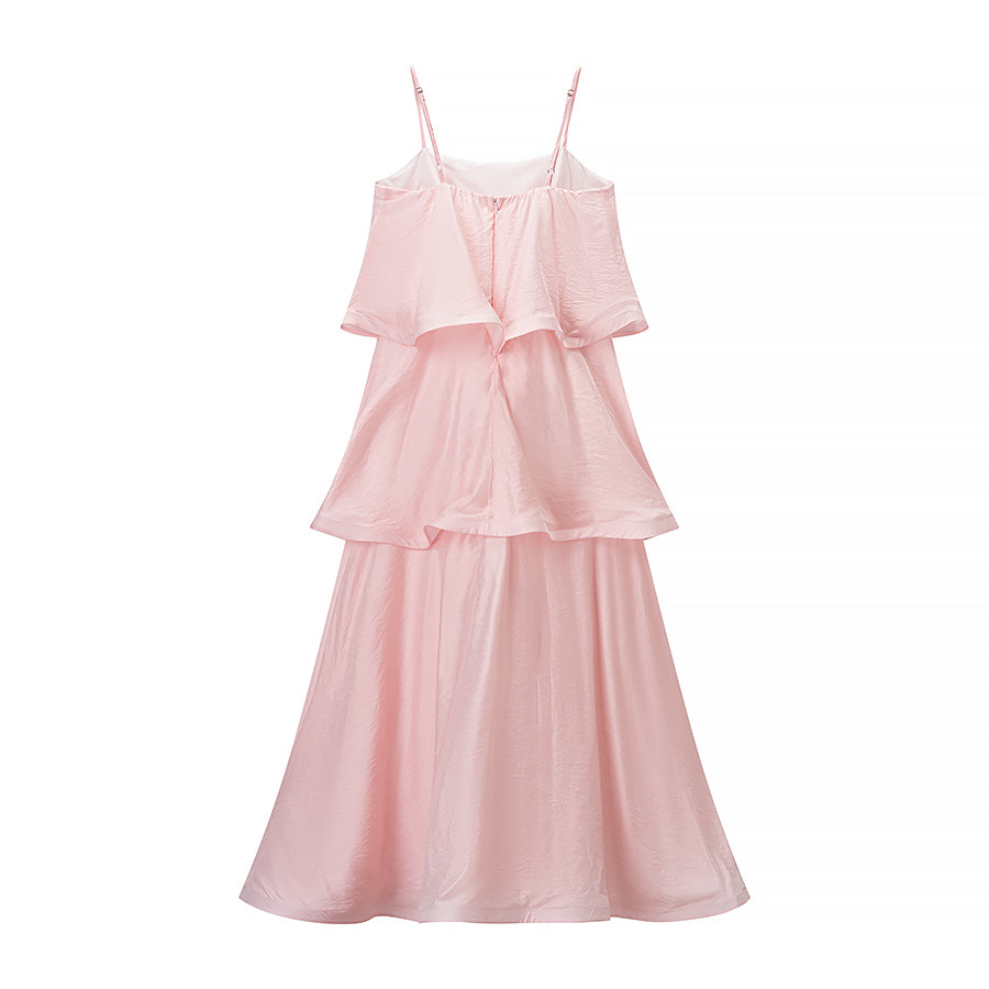 Fashionable Elegant Pink Multi Layer Wave Ruffled Spaghetti Straps Dress
