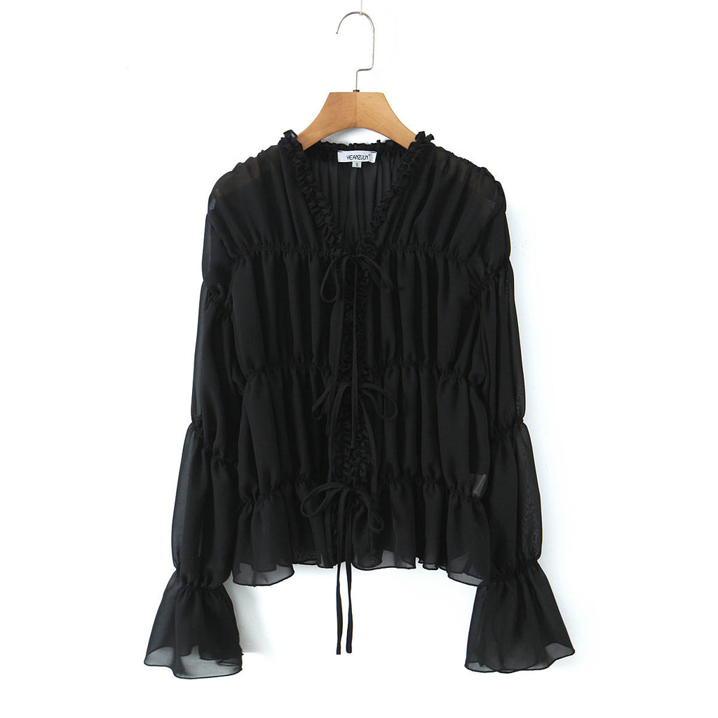 Gentle Pleated Lace up Chiffon Shirt Women Spring Loose Long Sleeve V neck Ruffled Chic Top