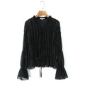 Gentle Pleated Lace up Chiffon Shirt Women Spring Loose Long Sleeve V neck Ruffled Chic Top