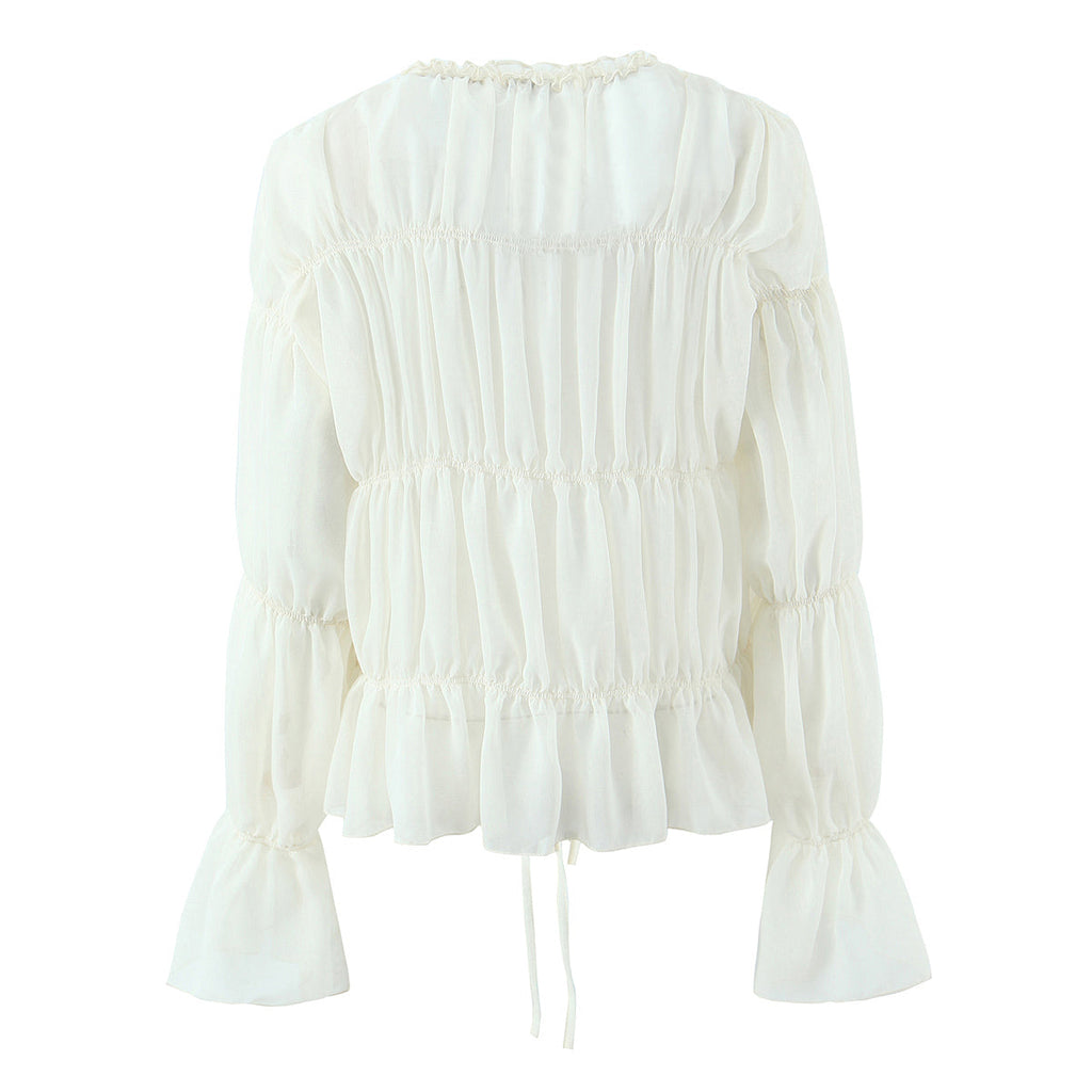 Gentle Pleated Lace up Chiffon Shirt Women Spring Loose Long Sleeve V neck Ruffled Chic Top