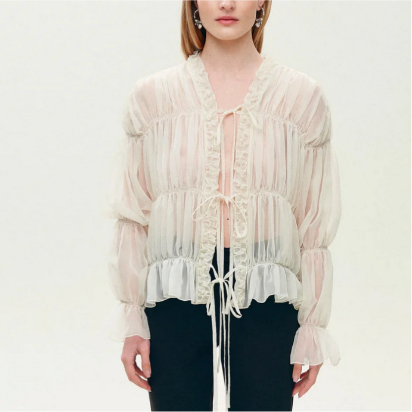 Gentle Pleated Lace up Chiffon Shirt Women Spring Loose Long Sleeve V neck Ruffled Chic Top
