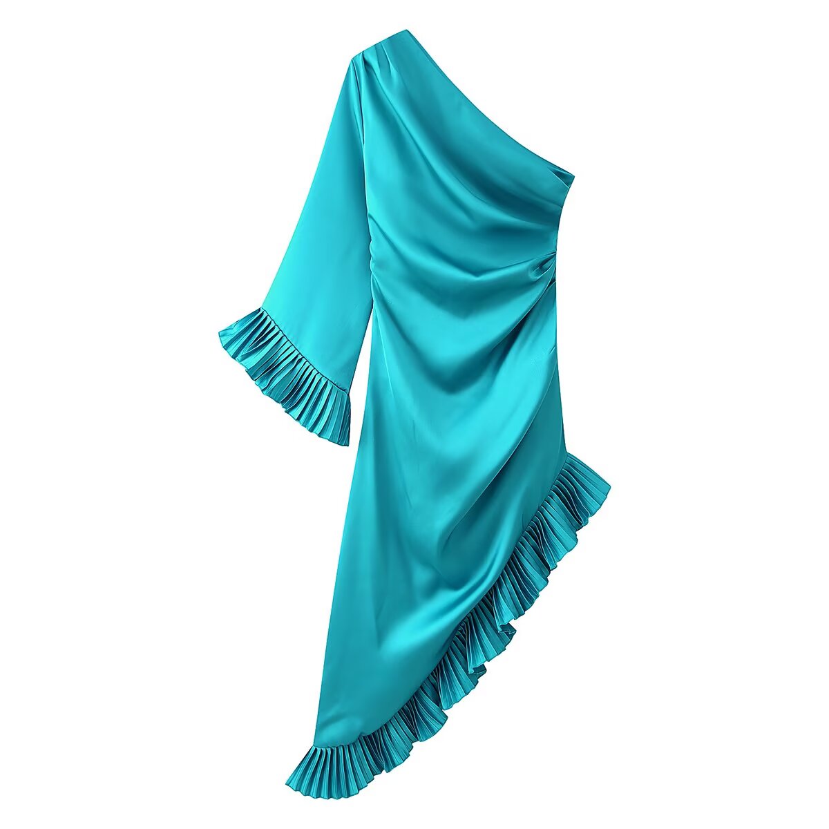 Women Clothing Spring Sexy Satin Pleated Ruffled Shoulder One Sleeve Slim Dress