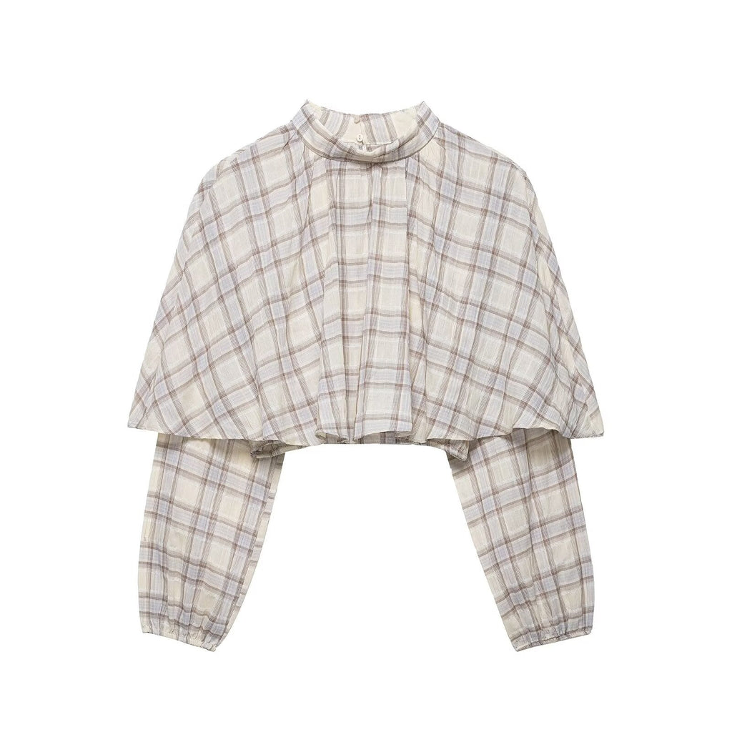 Spring Women Clothing Plaid Laminated Decoration Short Shirt Top