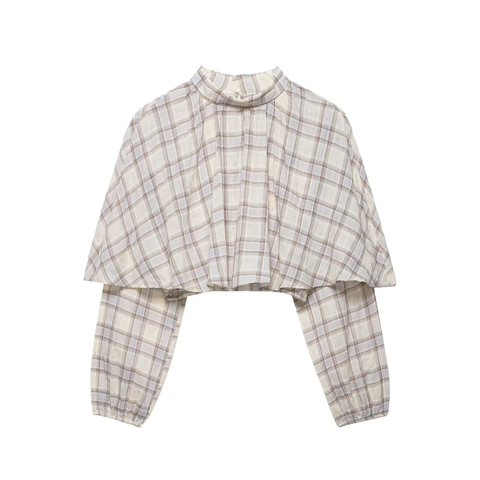 Spring Women Clothing Plaid Laminated Decoration Short Shirt Top