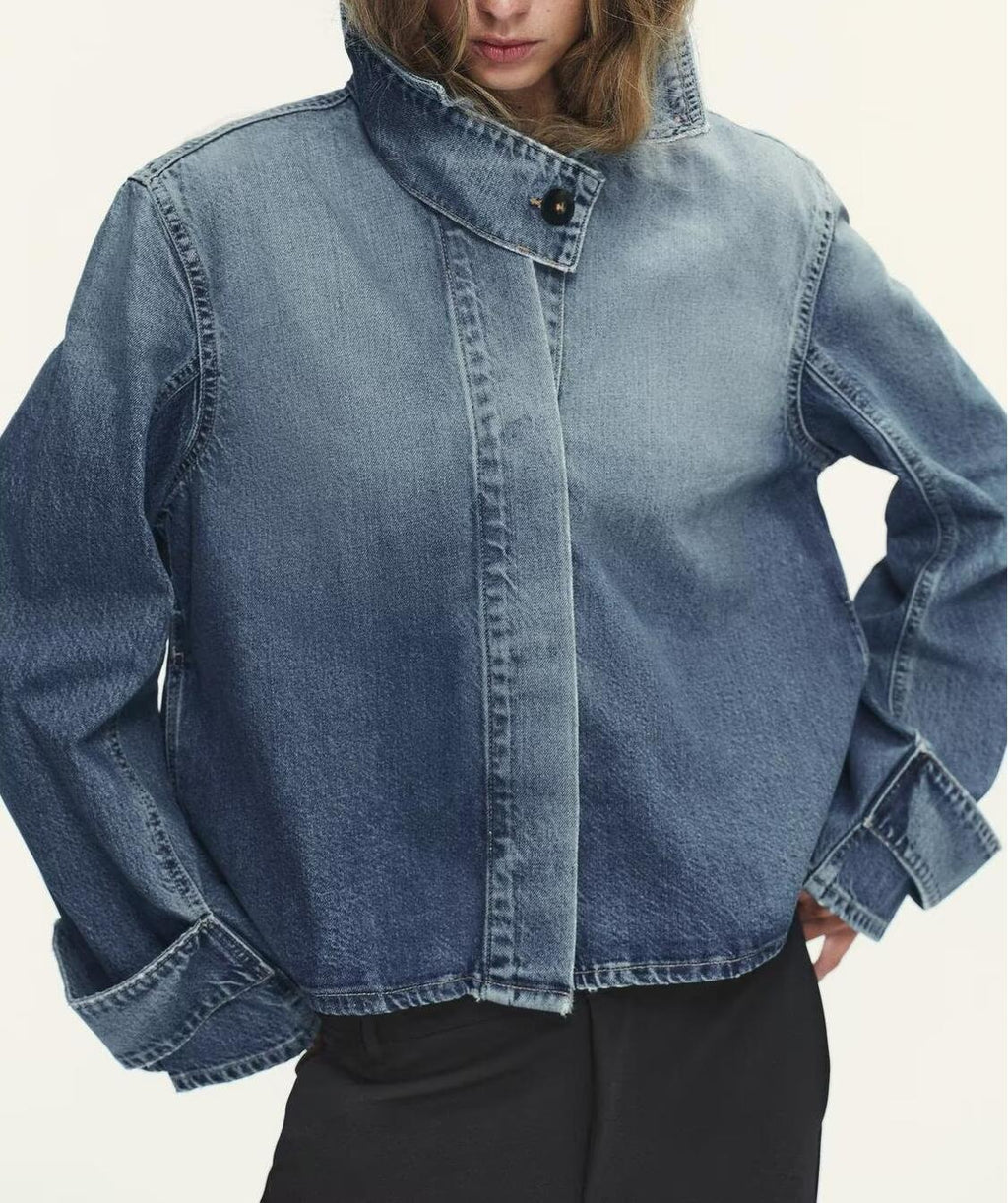 Women Clothing Spring Casual All Matching High Neck Denim Jacket