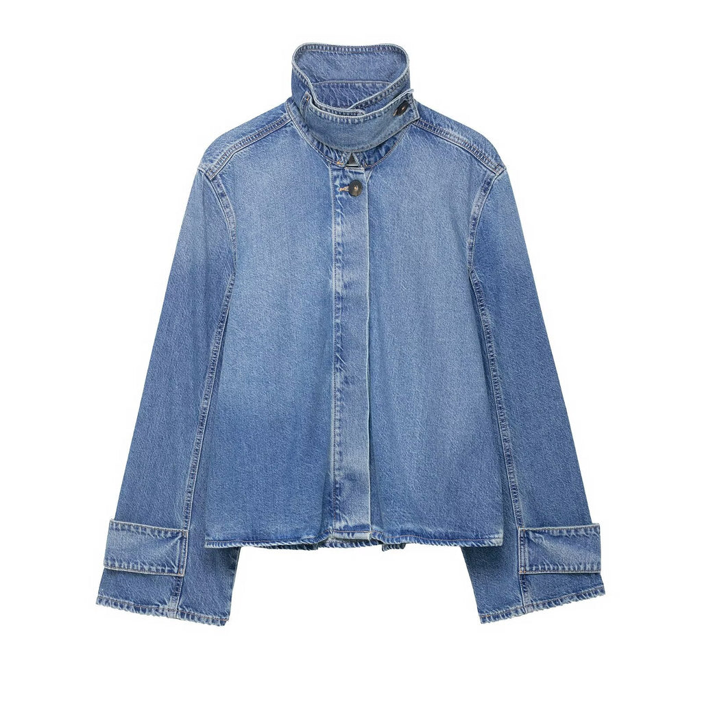 Women Clothing Spring Casual All Matching High Neck Denim Jacket