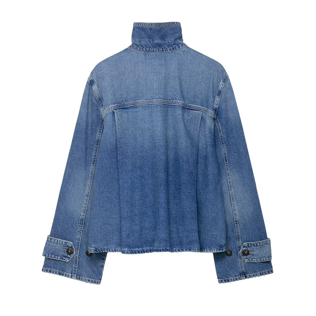 Women Clothing Spring Casual All Matching High Neck Denim Jacket