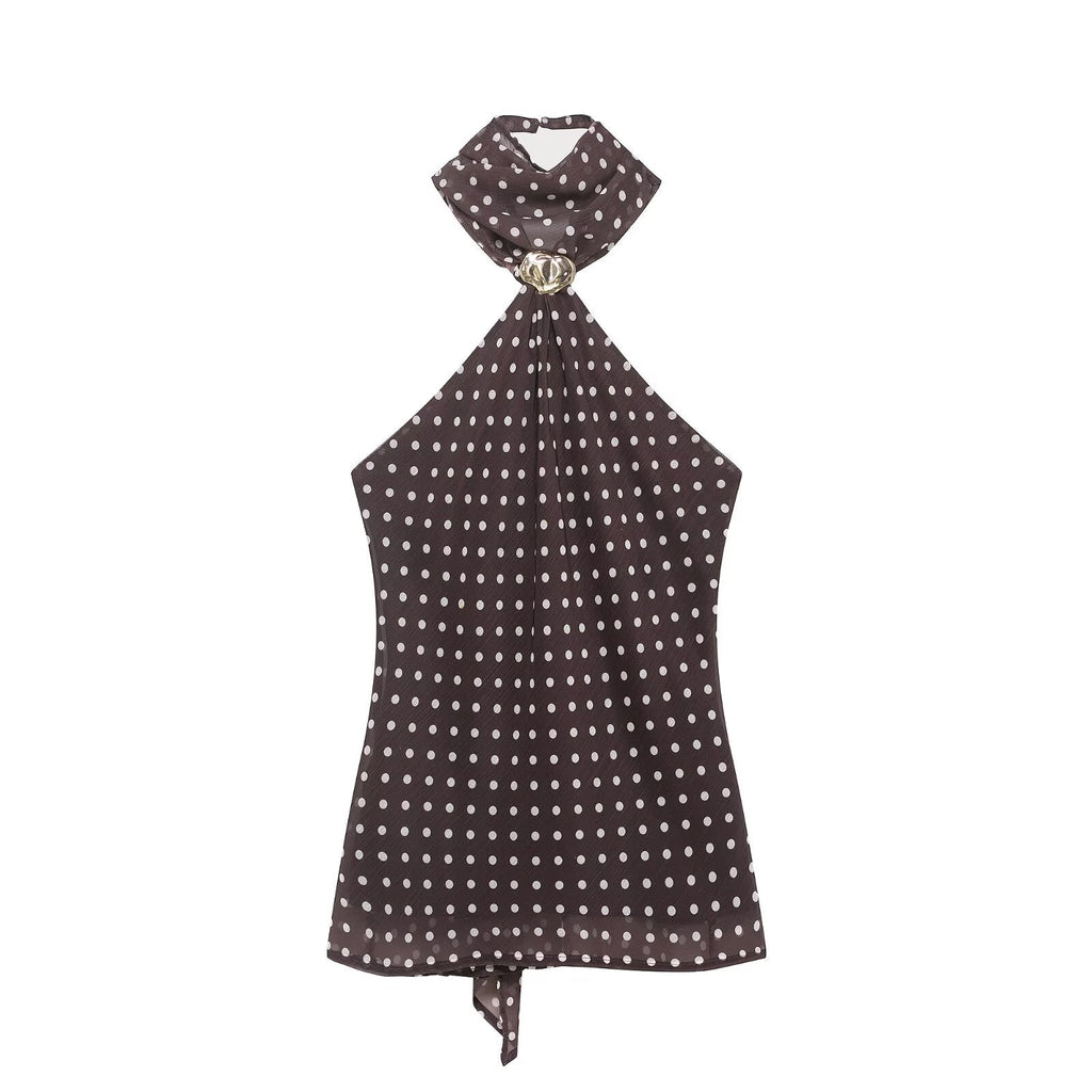 Women Clothing Spring Backless Polka Dot Accessories Hanging Collar Top