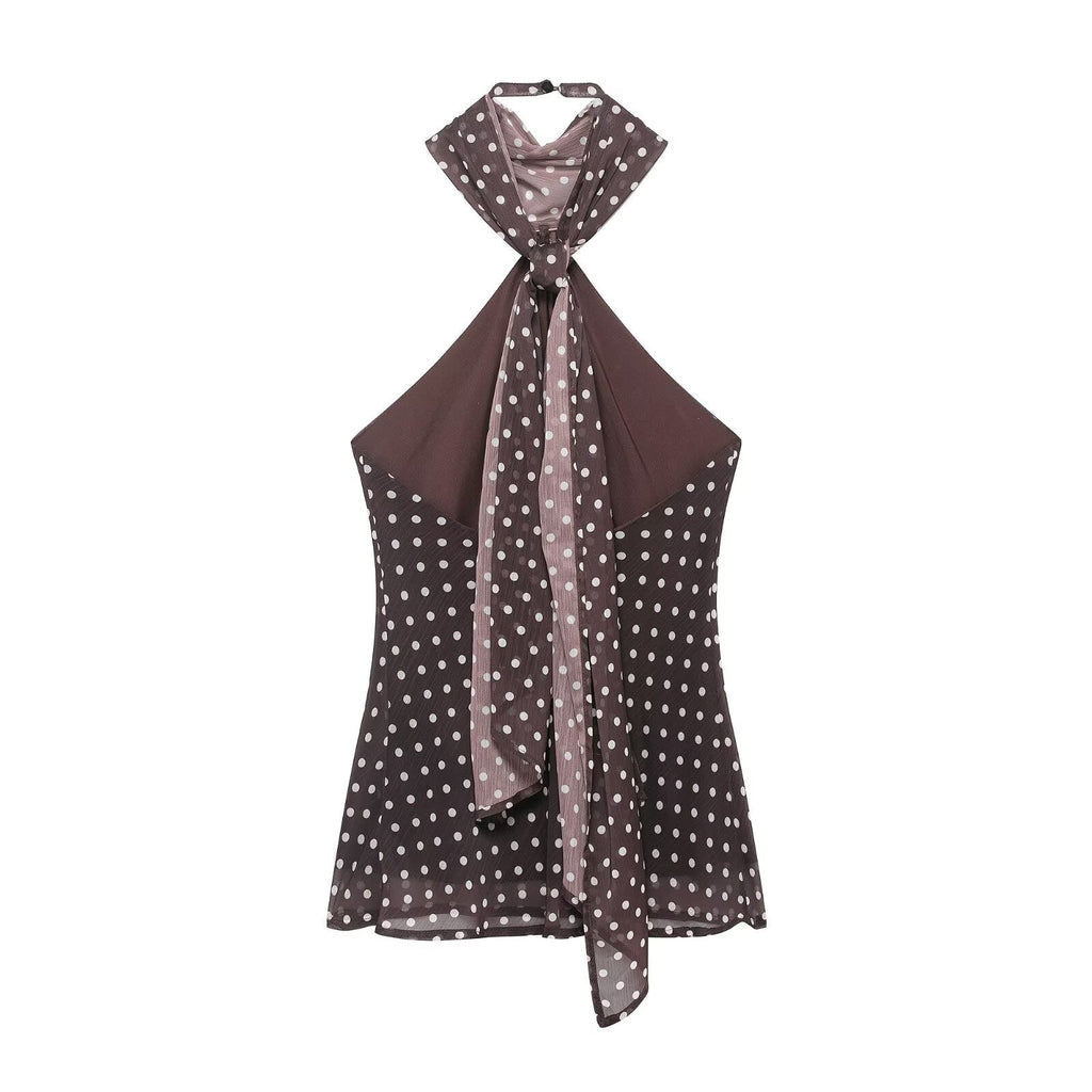 Women Clothing Spring Backless Polka Dot Accessories Hanging Collar Top