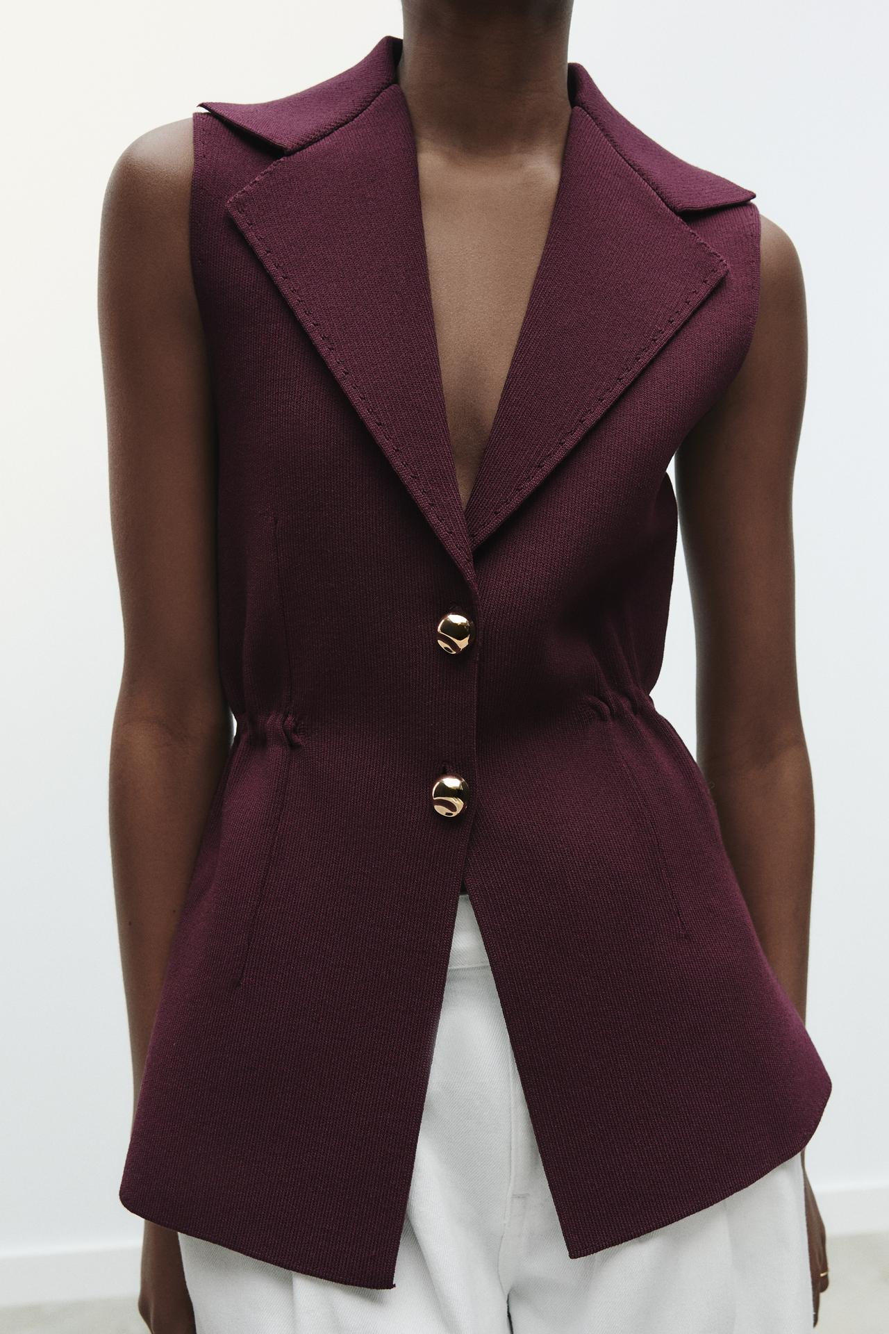 Women Pleated Collared Sleeveless Knitted Vest Jacket