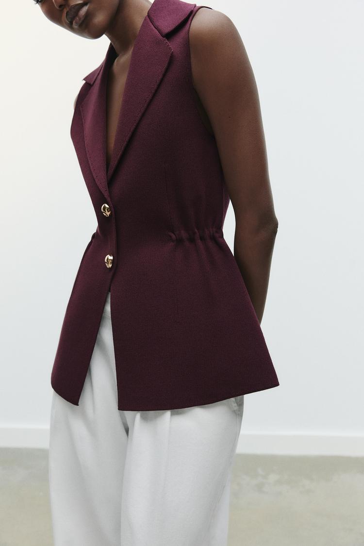 Women Pleated Collared Sleeveless Knitted Vest Jacket