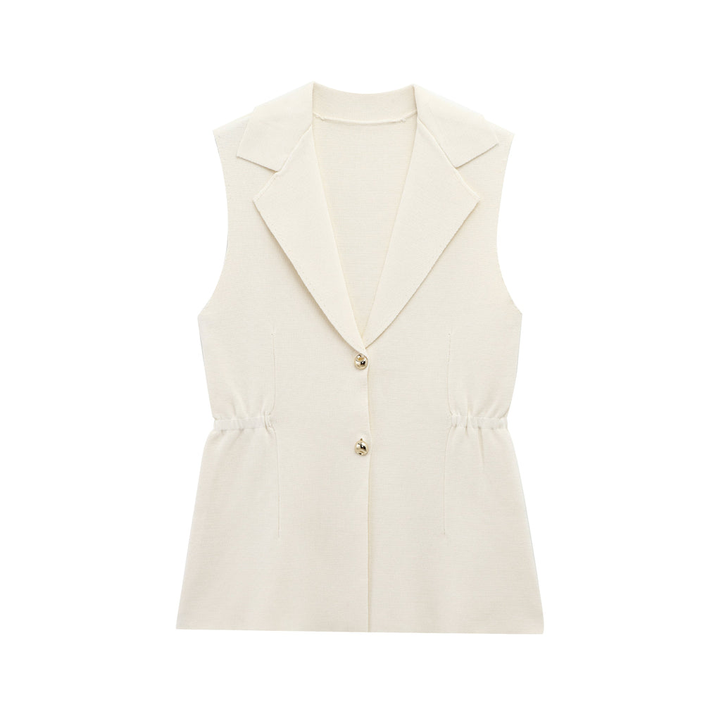Women Pleated Collared Sleeveless Knitted Vest Jacket