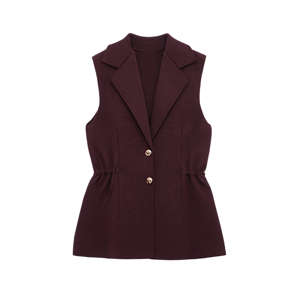 Women Pleated Collared Sleeveless Knitted Vest Jacket