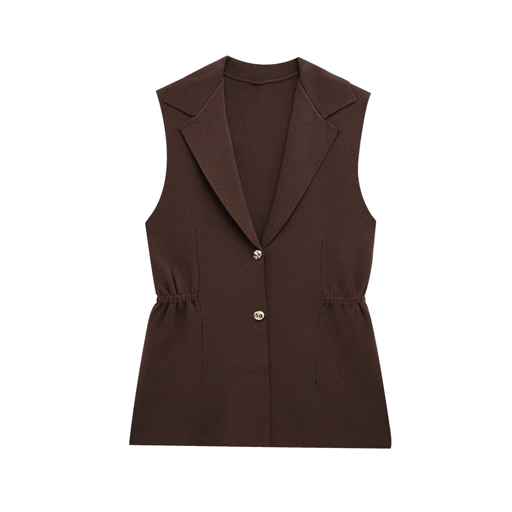 Women Pleated Collared Sleeveless Knitted Vest Jacket